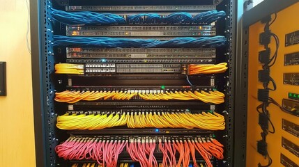 Poster - A modern server rack with neatly arranged, color-coded network cables connected to a switch panel, showcasing organized and efficient data management