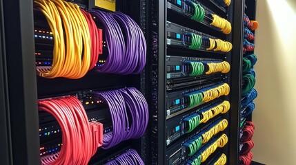 Poster - A modern server rack with neatly arranged, color-coded network cables connected to a switch panel, showcasing organized and efficient data management