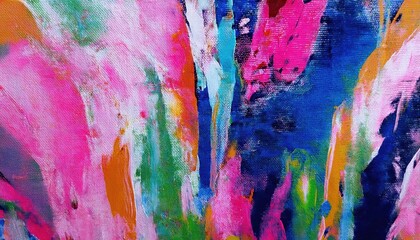 Aufkleber - vibrant abstract acrylic painting with bold pink, blue, and orange brushstrokes on textured canvas for modern wall art