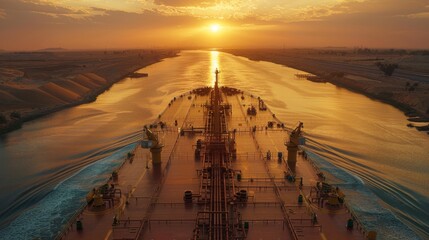 Aufkleber - A vessel sails along a waterway at sunset, illuminating the sky with warm hues as reflections dance on the water's surface. Surrounding landscapes add to the calm atmosphere.