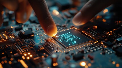 Poster - A person interacting with an AI icon embedded in a semiconductor circuit, representing machine learning and advanced technology