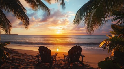 Poster - A peaceful tropical beach scene where a couple shares a tranquil moment in cozy chairs, watching a vibrant sunset over gentle ocean waves