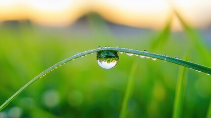 Poster - A pristine dewdrop balances on a slender grass blade, symbolizing nature serenity and the delicate beauty of early morning in perfect harmony