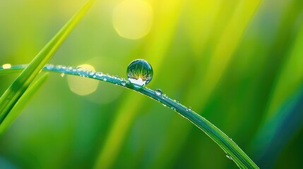 Poster - A pristine dewdrop balances on a slender grass blade, symbolizing nature serenity and the delicate beauty of early morning in perfect harmony
