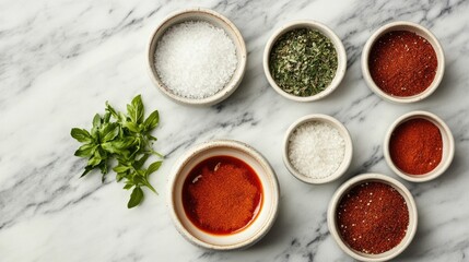 Top down view of a variety of exotic spices herbs and fresh seafood ingredients laid out on a marble surface ready for a unique culinary experience and gourmet meal at home