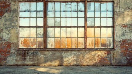 Poster - A rustic old wall with large panoramic windows, providing clear space for design elements or text, perfect for vintage or architectural visuals