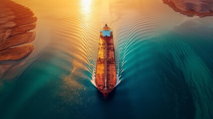 Aufkleber - A large cargo ship navigates tranquil waters as the sun sets, casting golden reflections on the surface. The shoreline is lined with rocky features, creating a picturesque backdrop.