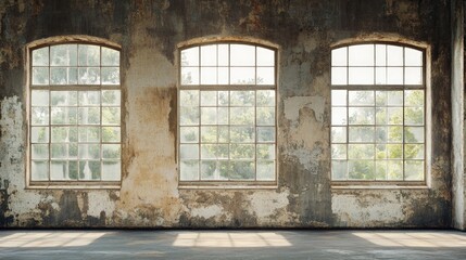 Poster - A rustic old wall with large panoramic windows, providing clear space for design elements or text, perfect for vintage or architectural visuals