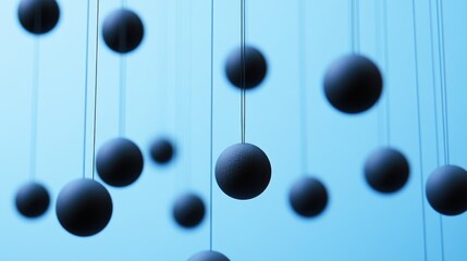 Poster - A serene blue background with suspended black spheres, creating a peaceful yet modern atmosphere, perfect for graphic design or presentation imagery