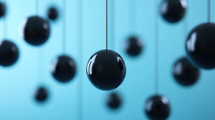 Poster - A serene blue background with suspended black spheres, creating a peaceful yet modern atmosphere, perfect for graphic design or presentation imagery