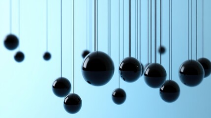 Poster - A serene blue background with suspended black spheres, creating a peaceful yet modern atmosphere, perfect for graphic design or presentation imagery