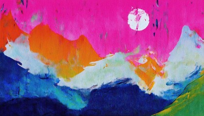 Aufkleber - vibrant abstract acrylic painting with bold pink, blue, and orange brushstrokes on textured canvas for modern wall art