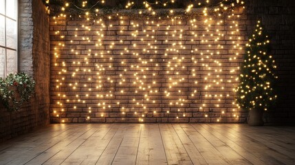 Poster - A serene loft wall with softly glowing Christmas lights, creating a peaceful and festive atmosphere, perfect for adding captions or graphics