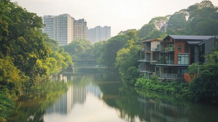 Poster - A serene riverside scene blending lush greenery and modern buildings, symbolizing the harmonious coexistence of nature and urban civilization
