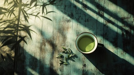 Poster - A serene scene with a cup of freshly brewed green tea, accompanied by a handful of tea leaves on a wooden table