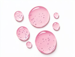 Poster - Pink serum drops showing tiny bubbles on white background