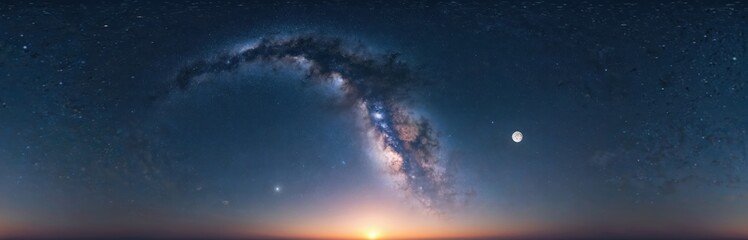 Night sky panorama displays Milky Way with rising full moon. Seamless hdr spherical equirectangular 360 panorama. Sky dome zenith for 3D visualization, sky replacement for aerial drone panoramas.