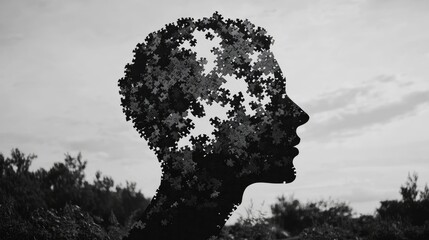 Poster - A silhouette of a person head with missing pieces of a jigsaw puzzle, symbolizing memory loss and the effects of dementia
