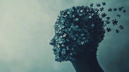 Poster - A silhouette of a person head with missing pieces of a jigsaw puzzle, symbolizing memory loss and the effects of dementia