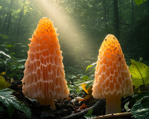 Poster - Close-up of two honeycomb-shaped mushrooms growing in a forest with sunlight shining through, representing nature, growth, and the beauty of organic patterns in the wild.