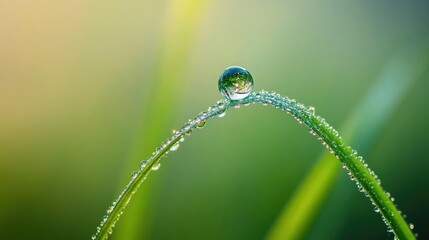 Poster - A solitary dewdrop clings to a blade of grass, capturing the serene elegance and fleeting beauty of nature small, yet significant moments