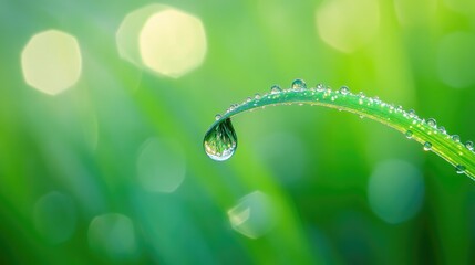 Poster - A solitary dewdrop clings to a blade of grass, capturing the serene elegance and fleeting beauty of nature small, yet significant moments