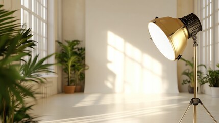Poster - A spotlight from a golden lamp highlights a clean, open studio space, providing an ideal backdrop for incorporating graphics or text for design projects