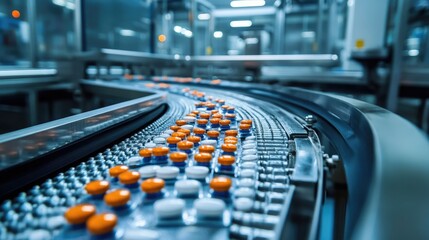 Aufkleber - A sterile pharmaceutical production line with packaged medications on conveyor belts, reflecting an organized and efficient system