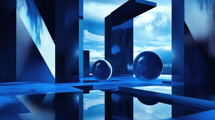 Poster - A striking abstract scene with floating spheres and geometric forms, framed in a sleek blue and black environment, filled with reflections and dynamic shadows