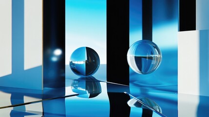 Poster - A striking abstract scene with floating spheres and geometric forms, framed in a sleek blue and black environment, filled with reflections and dynamic shadows
