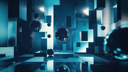Poster - A striking abstract scene with floating spheres and geometric forms, framed in a sleek blue and black environment, filled with reflections and dynamic shadows
