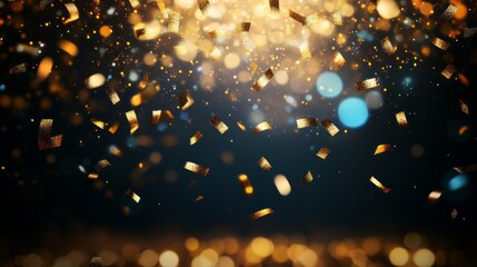 Poster - Falling gold confetti twinkles brightly against a dark background, transforming the space into a magical scene. Sparkling pieces float gracefully downwards, celebrating moments of joy and festivity