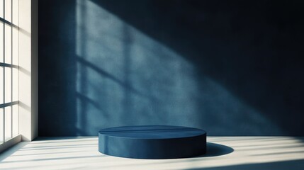 Poster - A striking dark blue podium in the center of a minimalist cream-colored room, ideal for product displays, awards, or professional settings with a sleek aesthetic