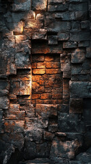 Aufkleber - Close-up view of a textured stone wall with a crack illuminated by light, showcasing the natural ruggedness and beauty of ancient architecture.