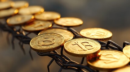 Poster - A striking image of golden coins on barbed wire, emphasizing the tension between wealth accumulation and the risks that come with it