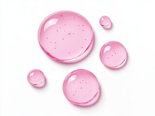 Poster - Pink serum drops floating on a white background: macro photography