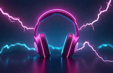 Poster - Modern wireless headphones with neon light. Dark bluish purple background with lightning bolts. High tech headset for gamers, music lovers. Equipment for DJ studio, podcast. Cyberspace party vibe.