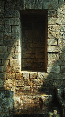 Aufkleber - Close-up of a weathered stone wall with a hollow niche, illuminated by natural light, creating a sense of ancient architecture, history, and decay.