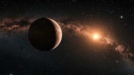 Poster - A stunning view of a distant planet in space, captured against the backdrop of a star-filled sky, showcasing the vastness of the universe