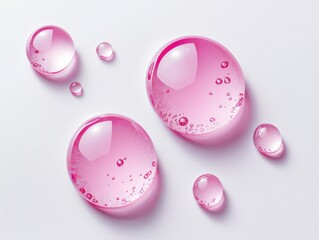 Poster - Pink transparent round liquid drops floating on white background