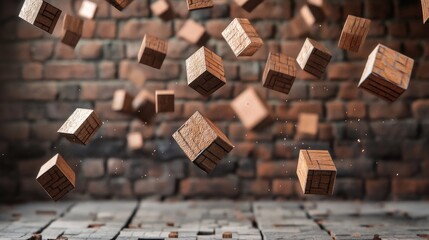 Poster - A surreal image of floating bricks in mid-air, with a rustic brick wall as the backdrop, illustrating motion and architectural depth in a modern design