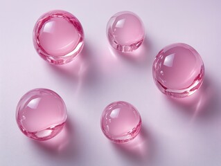Poster - Pink transparent spheres floating on white background: macro photography