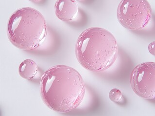 Poster - Pink transparent round liquid drops floating on white background
