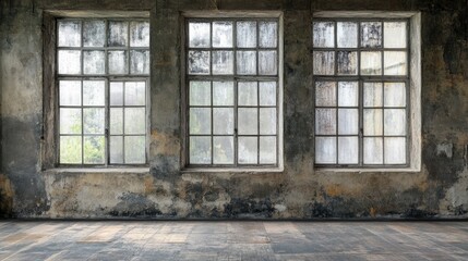 Poster - A textured old wall with expansive panoramic windows, offering clear space for adding text or graphics, perfect for creating a rustic, timeless look