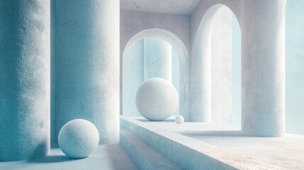 Poster - A tranquil abstract composition of spheres and cylindrical structures in a serene, cool-toned environment, perfect for graphic design inspiration and visual impact