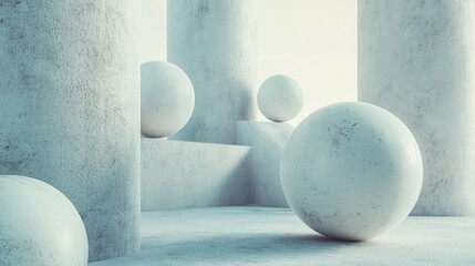 Poster - A tranquil abstract composition of spheres and cylindrical structures in a serene, cool-toned environment, perfect for graphic design inspiration and visual impact