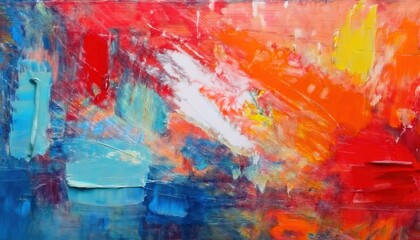 Aufkleber - abstract expressionist painting with bold strokes of red, orange, blue, and white highlighting dynamic movement and texture