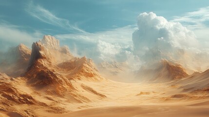 Poster - A vast desert with towering sand dunes, shaped by relentless wind erosion, showing the beauty of natural transformation
