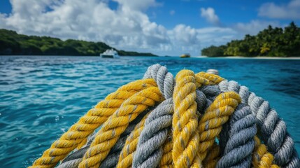 Poster - A vibrant yellow and gray rope tied to a boat, positioned against a clear, calm water background