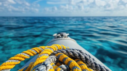 Poster - A vibrant yellow and gray rope tied to a boat, positioned against a clear, calm water background
